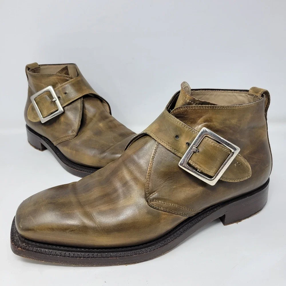 Bettanin & Venturi Barneys New York Mens Sz 9 Olive Leather Monk Strap Boots 354